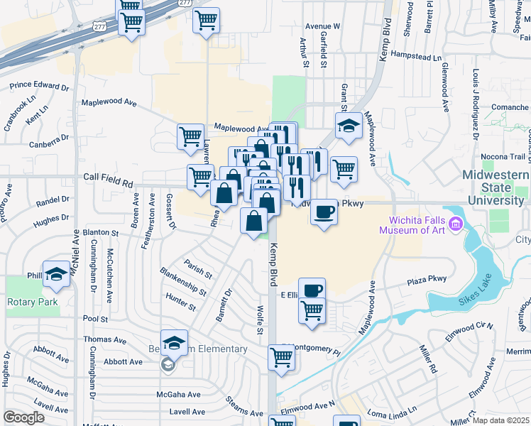map of restaurants, bars, coffee shops, grocery stores, and more near 3288 Kemp Boulevard in Wichita Falls