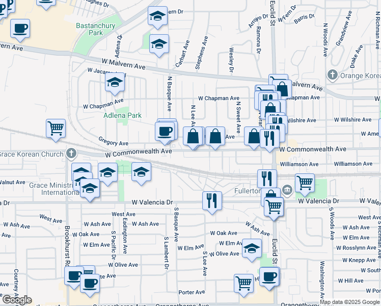 map of restaurants, bars, coffee shops, grocery stores, and more near 1548 West Commonwealth Avenue in Fullerton