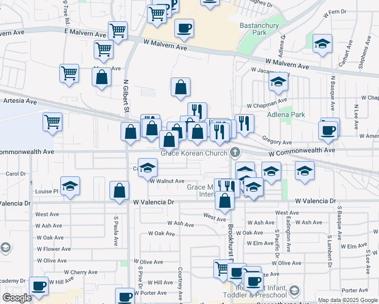 map of restaurants, bars, coffee shops, grocery stores, and more near in Fullerton