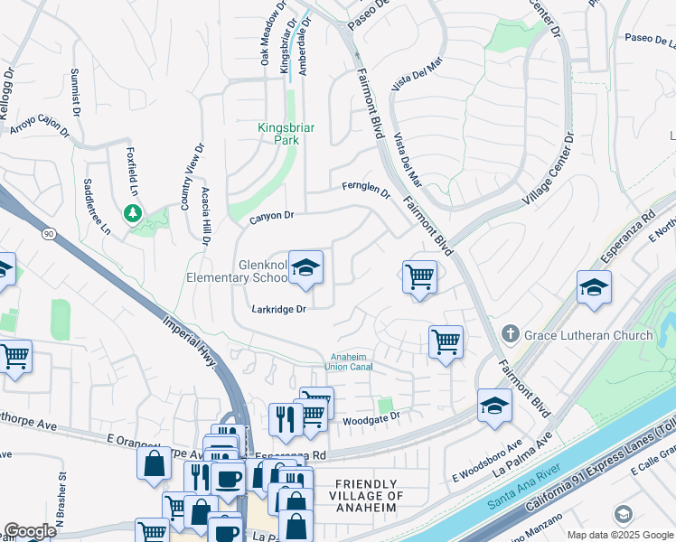 map of restaurants, bars, coffee shops, grocery stores, and more near 6352 Glendale Drive in Yorba Linda