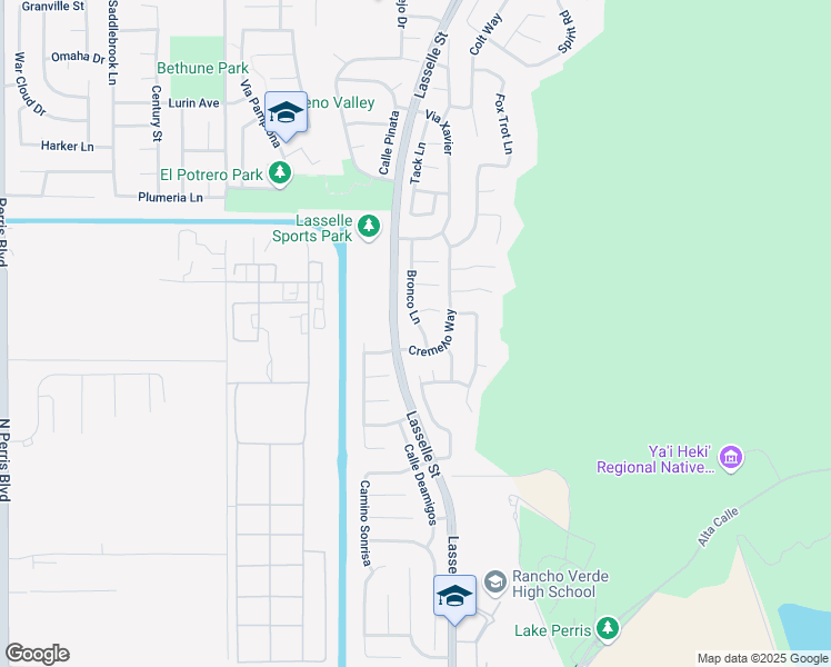map of restaurants, bars, coffee shops, grocery stores, and more near 17301 Bronco Lane in Moreno Valley
