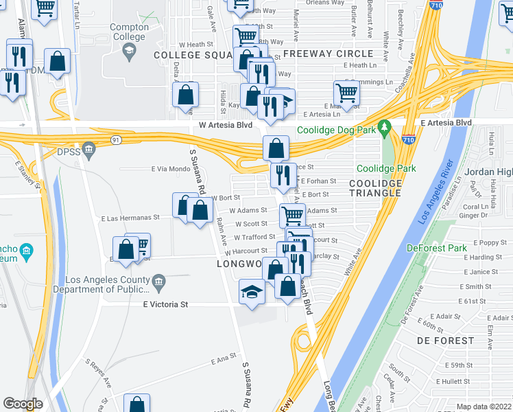 map of restaurants, bars, coffee shops, grocery stores, and more near 71 West Adams Street in Long Beach