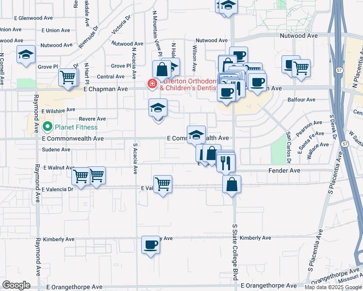 map of restaurants, bars, coffee shops, grocery stores, and more near 2041 Sudene Avenue in Fullerton