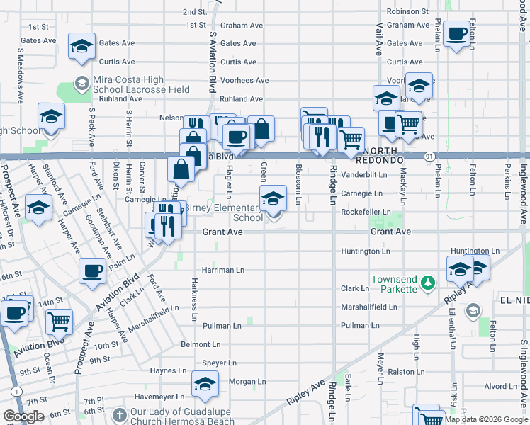 map of restaurants, bars, coffee shops, grocery stores, and more near Green Lane & Rockefeller Lane in Redondo Beach