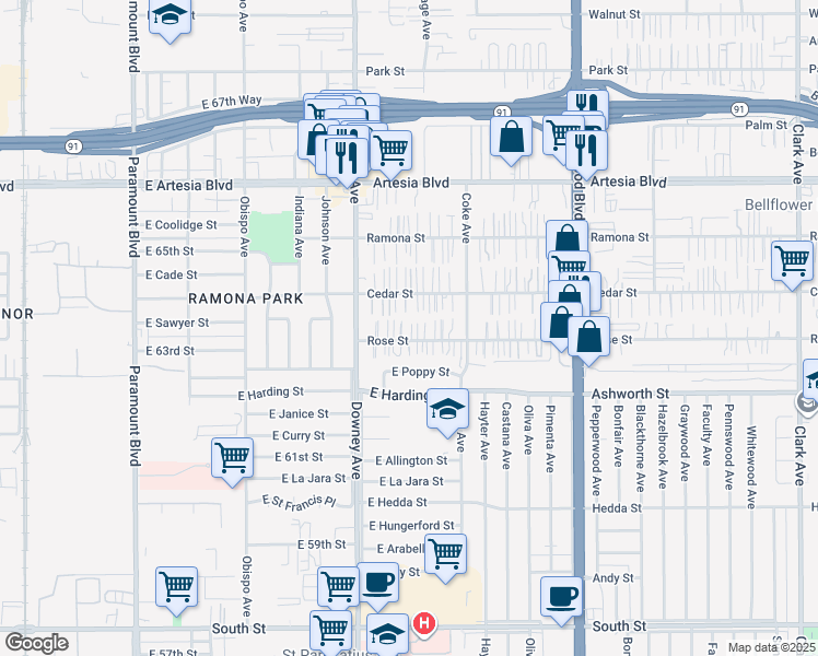 map of restaurants, bars, coffee shops, grocery stores, and more near 8561 1/2 Rose Street in Bellflower