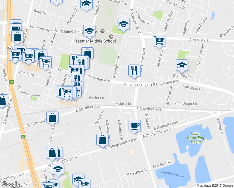 map of restaurants, bars, coffee shops, grocery stores, and more near 174 Kauai Lane in Placentia
