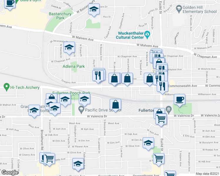 map of restaurants, bars, coffee shops, grocery stores, and more near 1548 West Commonwealth Avenue in Fullerton