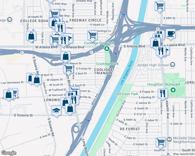 map of restaurants, bars, coffee shops, grocery stores, and more near 305 East Adams Street in Long Beach
