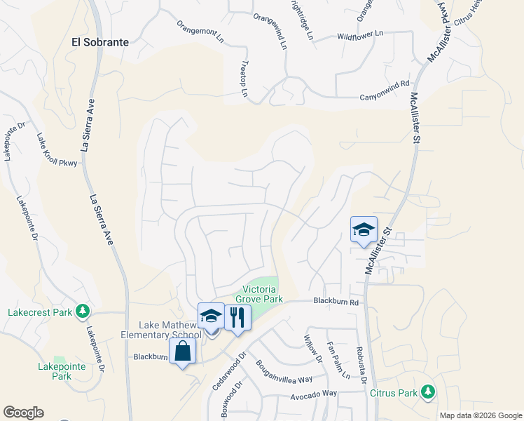map of restaurants, bars, coffee shops, grocery stores, and more near 17191 Woodentree Lane in Riverside