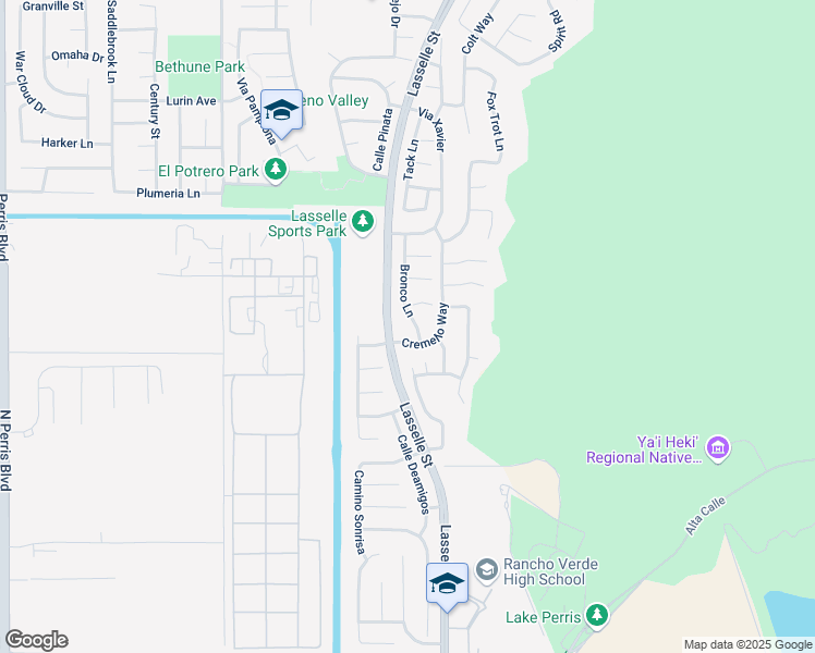 map of restaurants, bars, coffee shops, grocery stores, and more near 17301 Bronco Lane in Moreno Valley