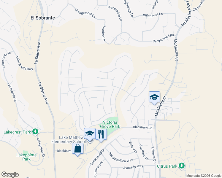 map of restaurants, bars, coffee shops, grocery stores, and more near 17191 Woodentree Lane in Riverside