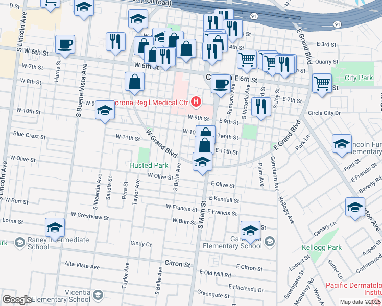 map of restaurants, bars, coffee shops, grocery stores, and more near 1110 South Washburn Avenue in Corona