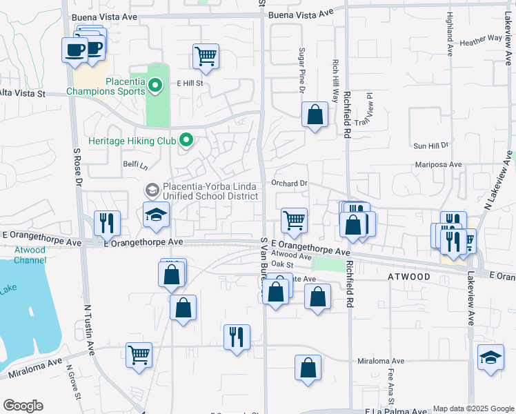 map of restaurants, bars, coffee shops, grocery stores, and more near 174 South Van Buren Street in Placentia