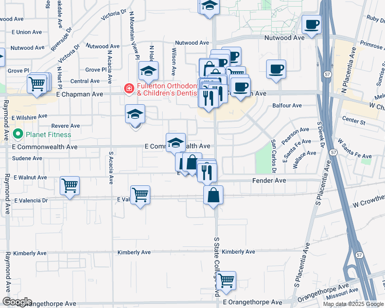 map of restaurants, bars, coffee shops, grocery stores, and more near 2300 East Commonwealth Avenue in Fullerton