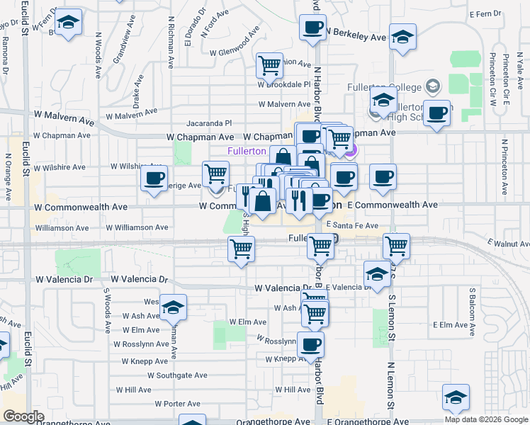 map of restaurants, bars, coffee shops, grocery stores, and more near 218 West Commonwealth Avenue in Fullerton