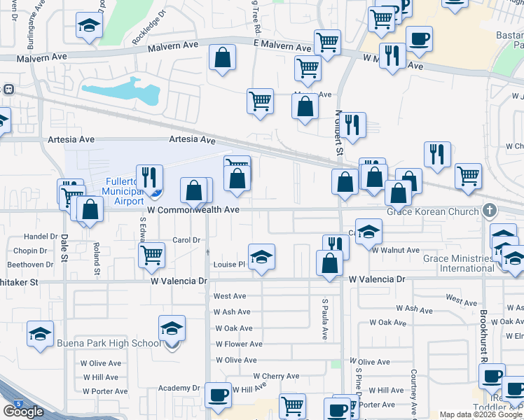 map of restaurants, bars, coffee shops, grocery stores, and more near in Fullerton