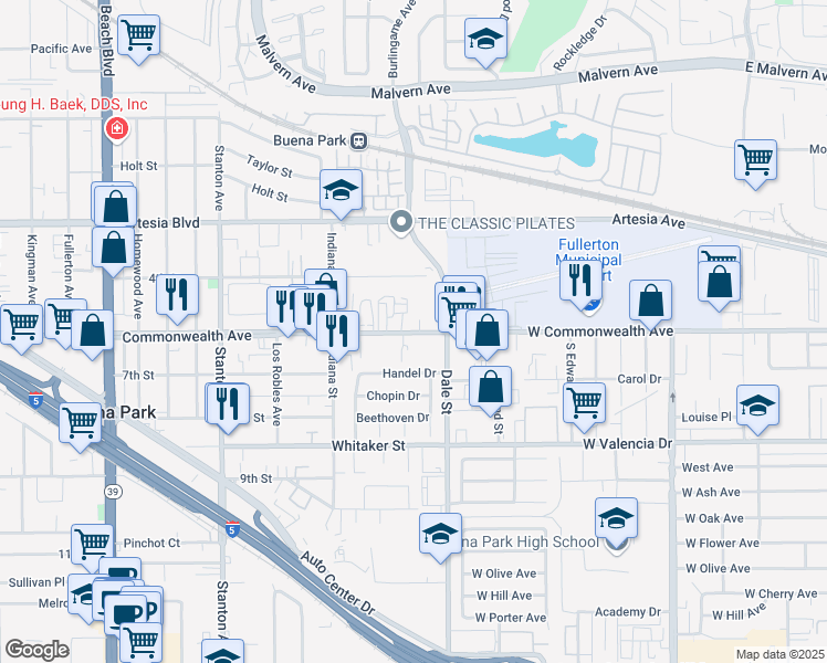 map of restaurants, bars, coffee shops, grocery stores, and more near 8368 Commonwealth Avenue in Buena Park