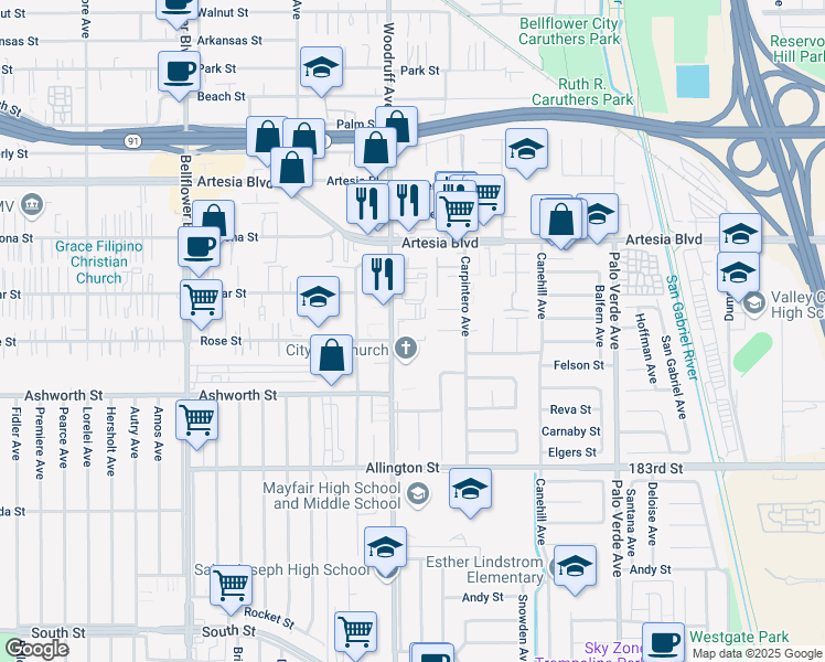 map of restaurants, bars, coffee shops, grocery stores, and more near 10253 Semora Street in Bellflower
