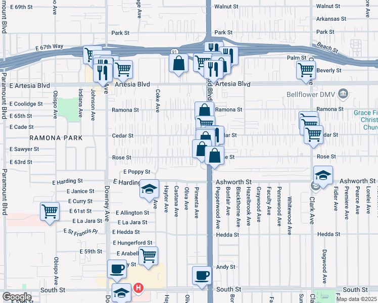 map of restaurants, bars, coffee shops, grocery stores, and more near 8815 Rose Street in Bellflower