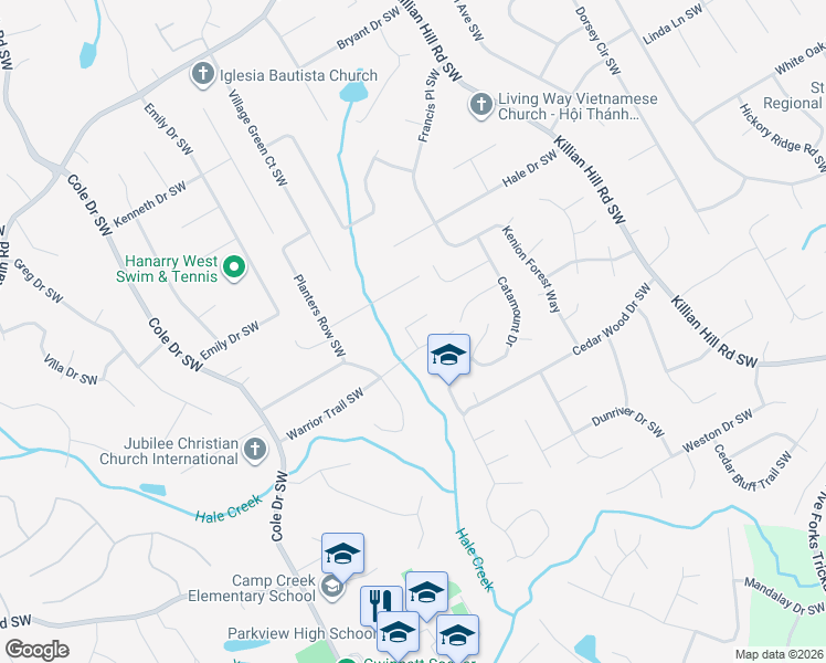map of restaurants, bars, coffee shops, grocery stores, and more near 666 Bow Court Southwest in Lilburn