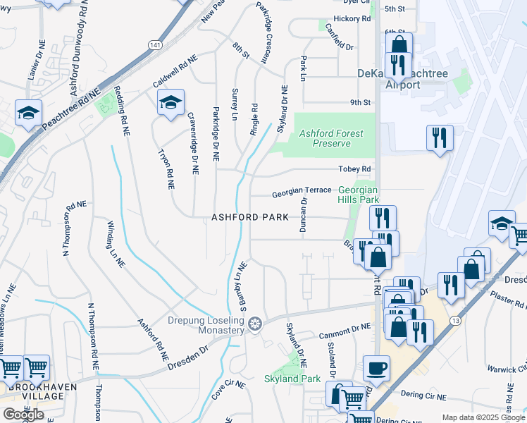 map of restaurants, bars, coffee shops, grocery stores, and more near 1764 Duke Road in Chamblee