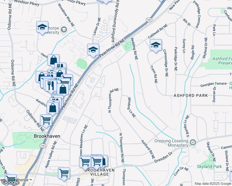 map of restaurants, bars, coffee shops, grocery stores, and more near 2853 North Thompson Road Northeast in Atlanta