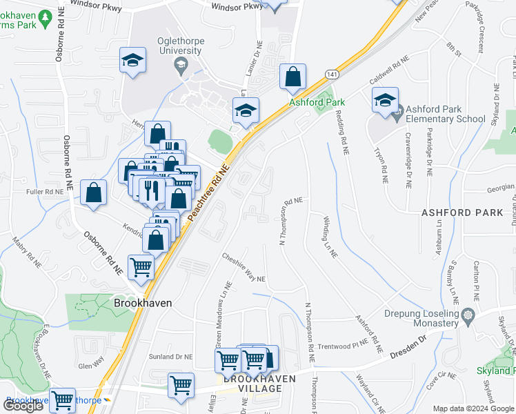 map of restaurants, bars, coffee shops, grocery stores, and more near 2004 Brookhaven Circle Northeast in Atlanta