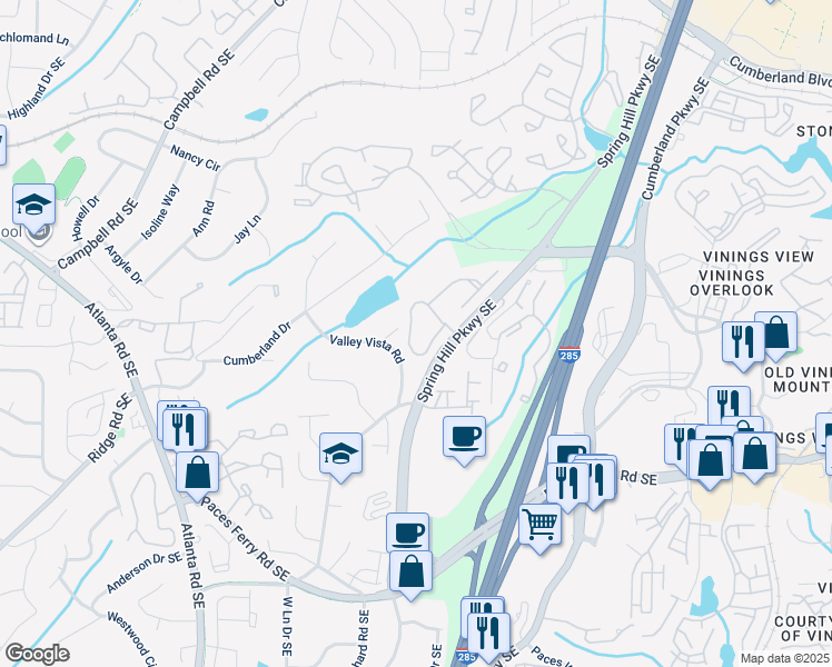 map of restaurants, bars, coffee shops, grocery stores, and more near 3420 Spring Hill Parkway Southeast in Smyrna
