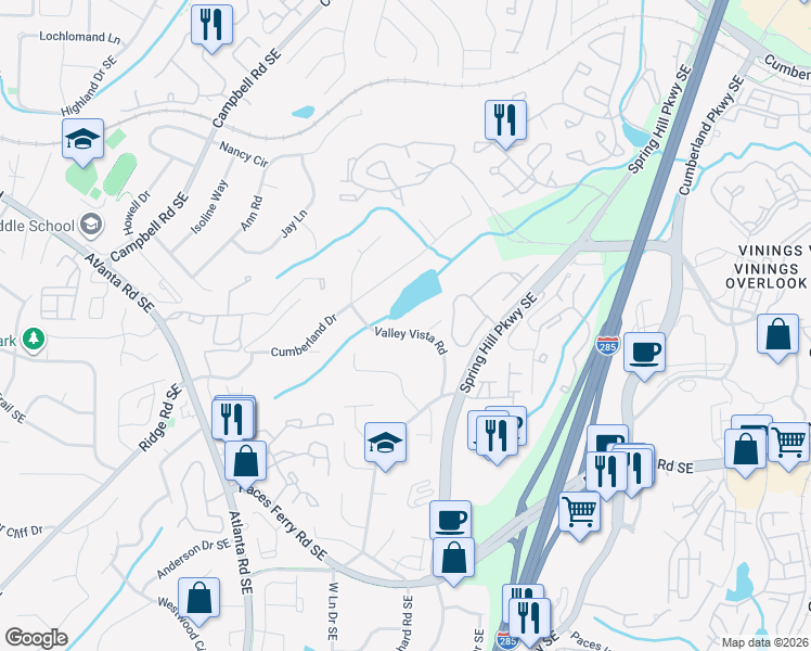 map of restaurants, bars, coffee shops, grocery stores, and more near 3435 Valley Vista Road Southeast in Smyrna
