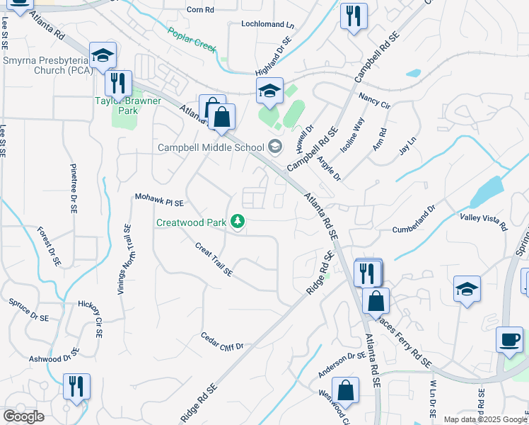 map of restaurants, bars, coffee shops, grocery stores, and more near 3365 Vintage Circle Southeast in Smyrna