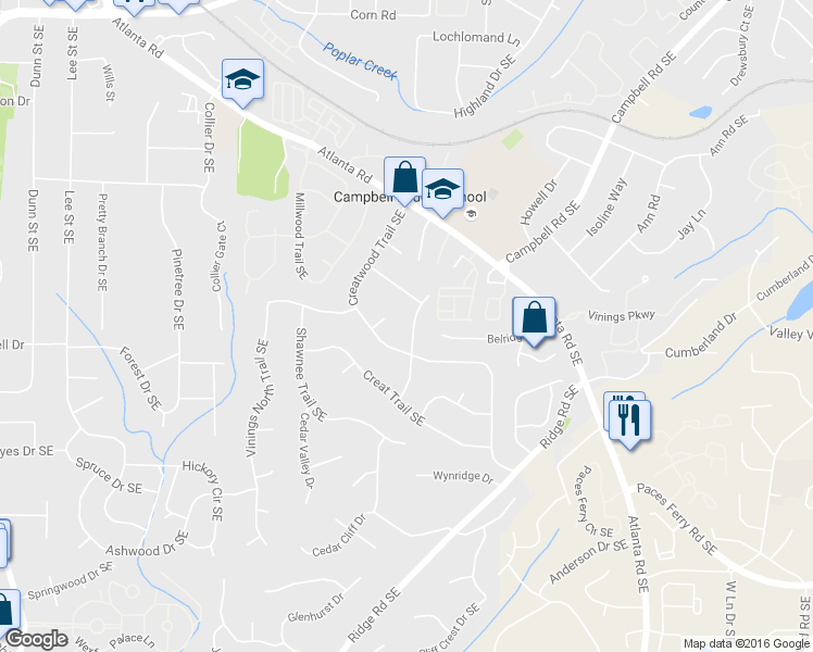 map of restaurants, bars, coffee shops, grocery stores, and more near 3406 Navaho Trail Southeast in Smyrna