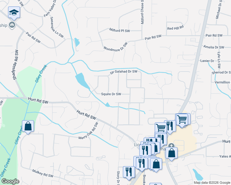 map of restaurants, bars, coffee shops, grocery stores, and more near 1650 Squire Drive Southwest in Marietta