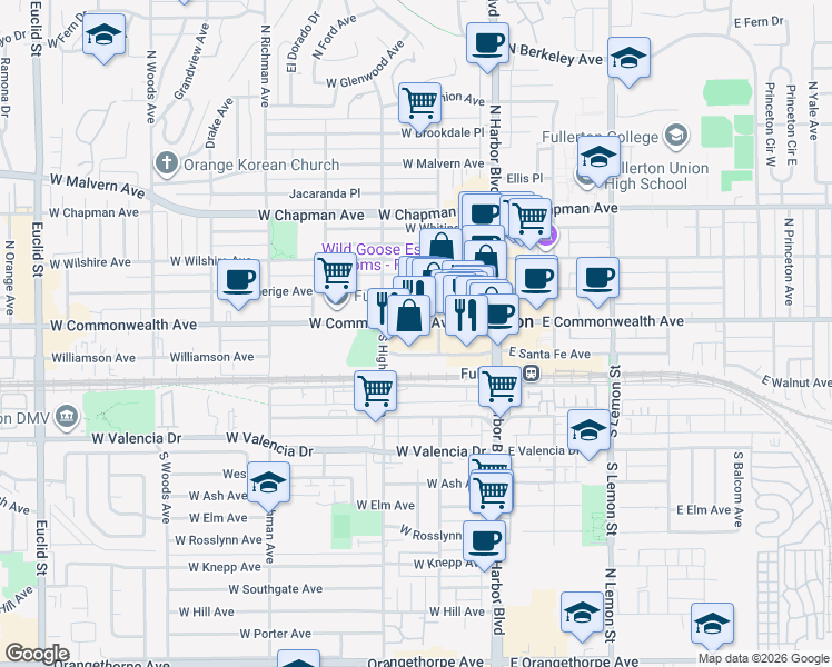 map of restaurants, bars, coffee shops, grocery stores, and more near 200 West Commonwealth Avenue in Fullerton