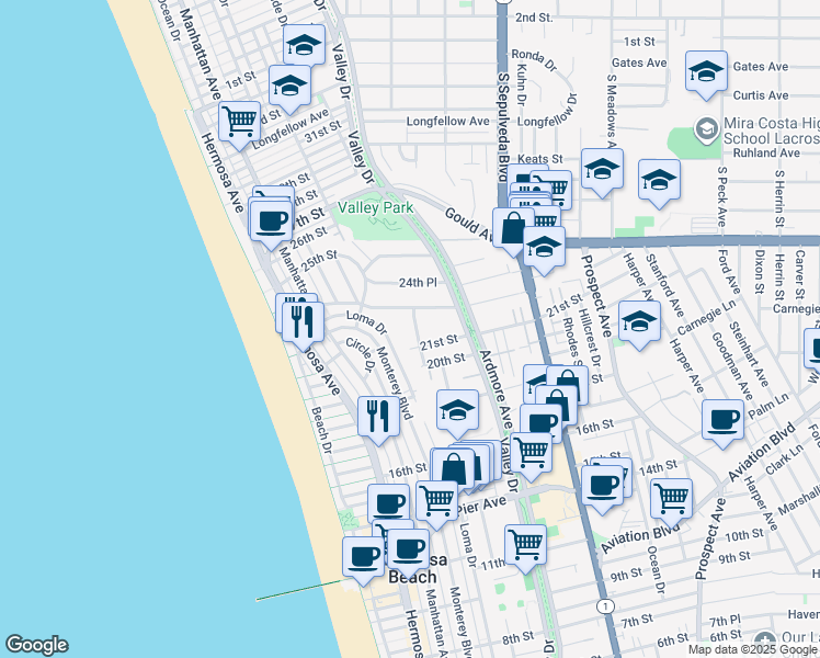 map of restaurants, bars, coffee shops, grocery stores, and more near 2121 Power Street in Hermosa Beach