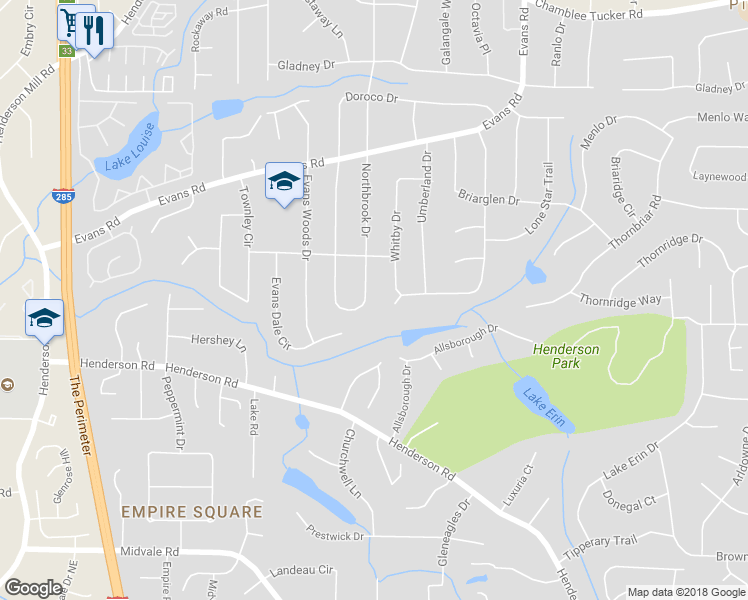 map of restaurants, bars, coffee shops, grocery stores, and more near 2833 Northbrook Drive in Doraville