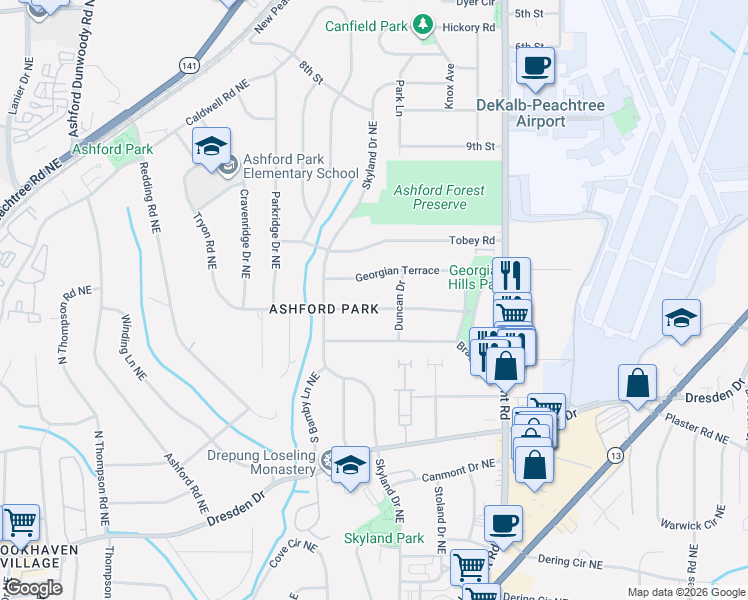 map of restaurants, bars, coffee shops, grocery stores, and more near 1802 Duke Road in Chamblee