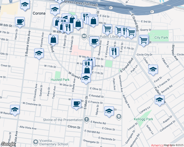 map of restaurants, bars, coffee shops, grocery stores, and more near 1101 South Main Street in Corona