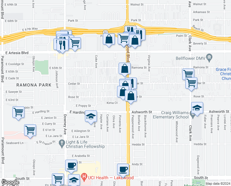 map of restaurants, bars, coffee shops, grocery stores, and more near 8809 Rose Street in Bellflower