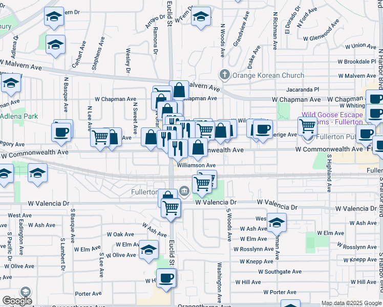 map of restaurants, bars, coffee shops, grocery stores, and more near 820 West Commonwealth Avenue in Fullerton