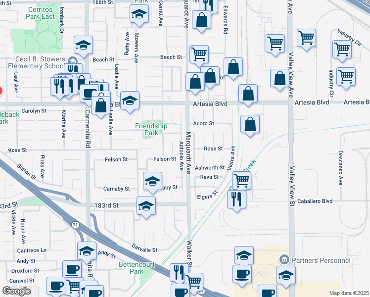 map of restaurants, bars, coffee shops, grocery stores, and more near 17718 Antonio Avenue in Cerritos