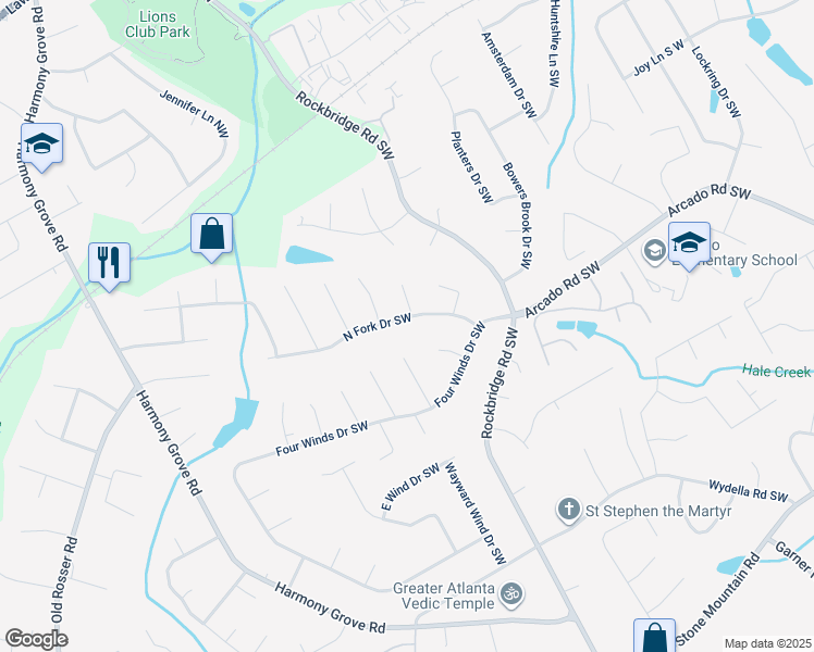 map of restaurants, bars, coffee shops, grocery stores, and more near 5405 North Fork Drive Southwest in Lilburn