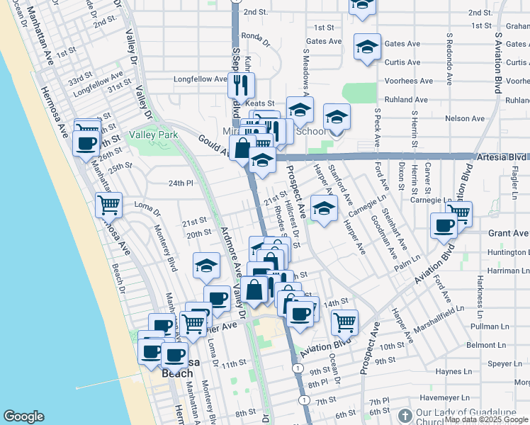 map of restaurants, bars, coffee shops, grocery stores, and more near 809 20th Street in Hermosa Beach