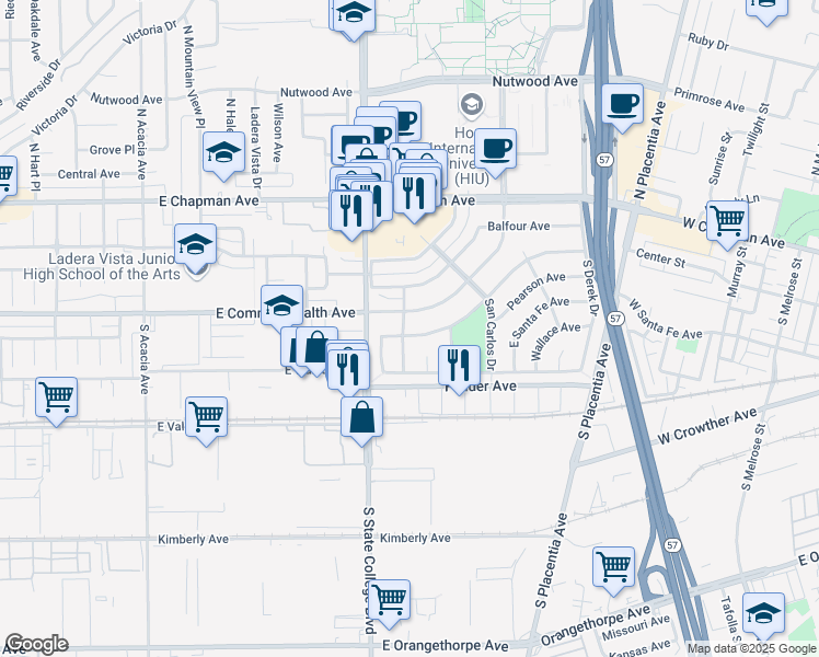 map of restaurants, bars, coffee shops, grocery stores, and more near 2431 Santa Ysabel Avenue in Fullerton