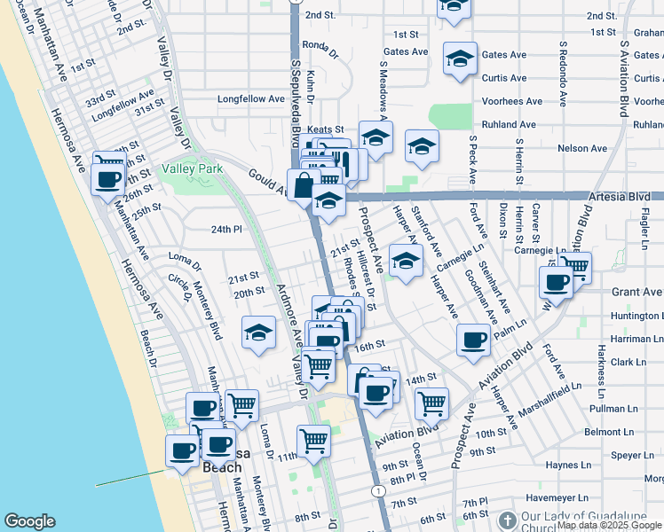 map of restaurants, bars, coffee shops, grocery stores, and more near 849 20th Street in Hermosa Beach
