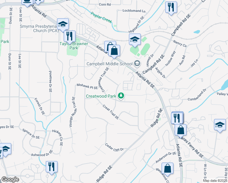 map of restaurants, bars, coffee shops, grocery stores, and more near 3406 Navaho Trail Southeast in Smyrna
