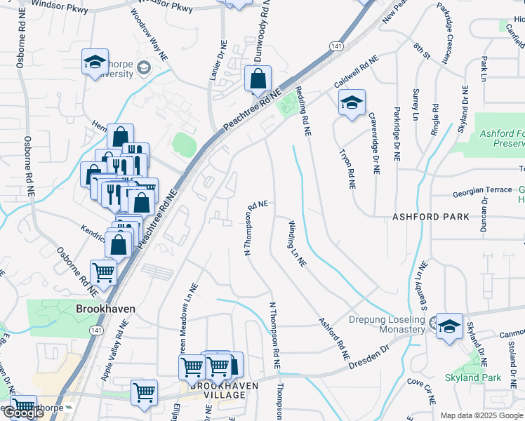 map of restaurants, bars, coffee shops, grocery stores, and more near 2853 North Thompson Road Northeast in Atlanta