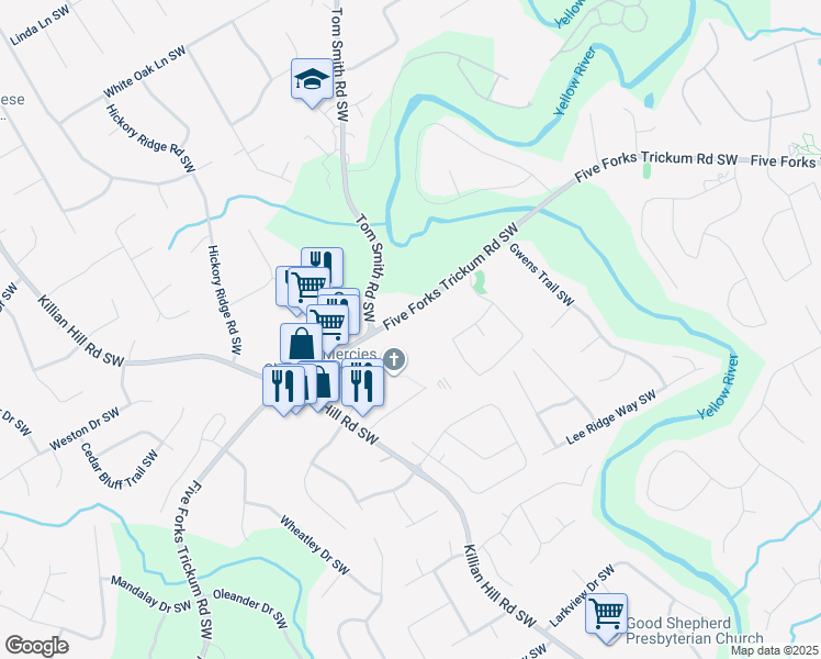 map of restaurants, bars, coffee shops, grocery stores, and more near 3950 Five Forks Trickum Road Southwest in Lilburn