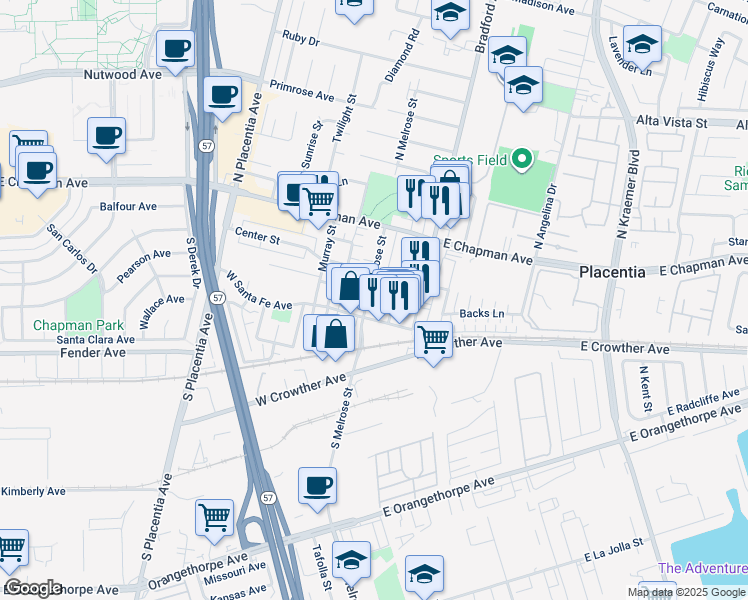 map of restaurants, bars, coffee shops, grocery stores, and more near 228 South Melrose Street in Placentia