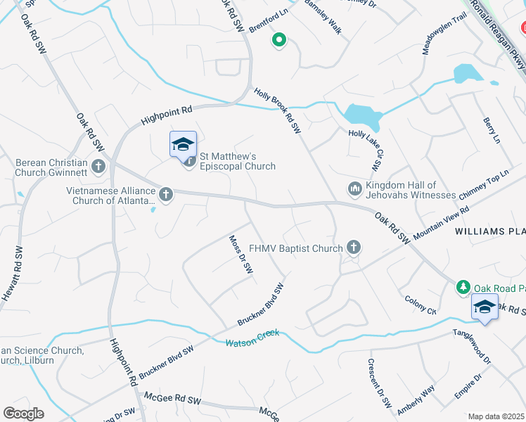 map of restaurants, bars, coffee shops, grocery stores, and more near 1621 Oak Road Southwest in Snellville