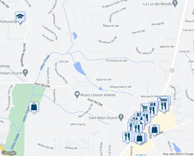 map of restaurants, bars, coffee shops, grocery stores, and more near 1666 Squire Drive Southwest in Marietta